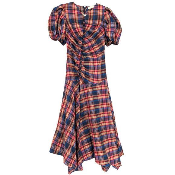 Ulla Johnson Heleen Puff Sleeve Silk Cotton Plaid Asymmetric Midi Dress Size 2 - Picture 5 of 13